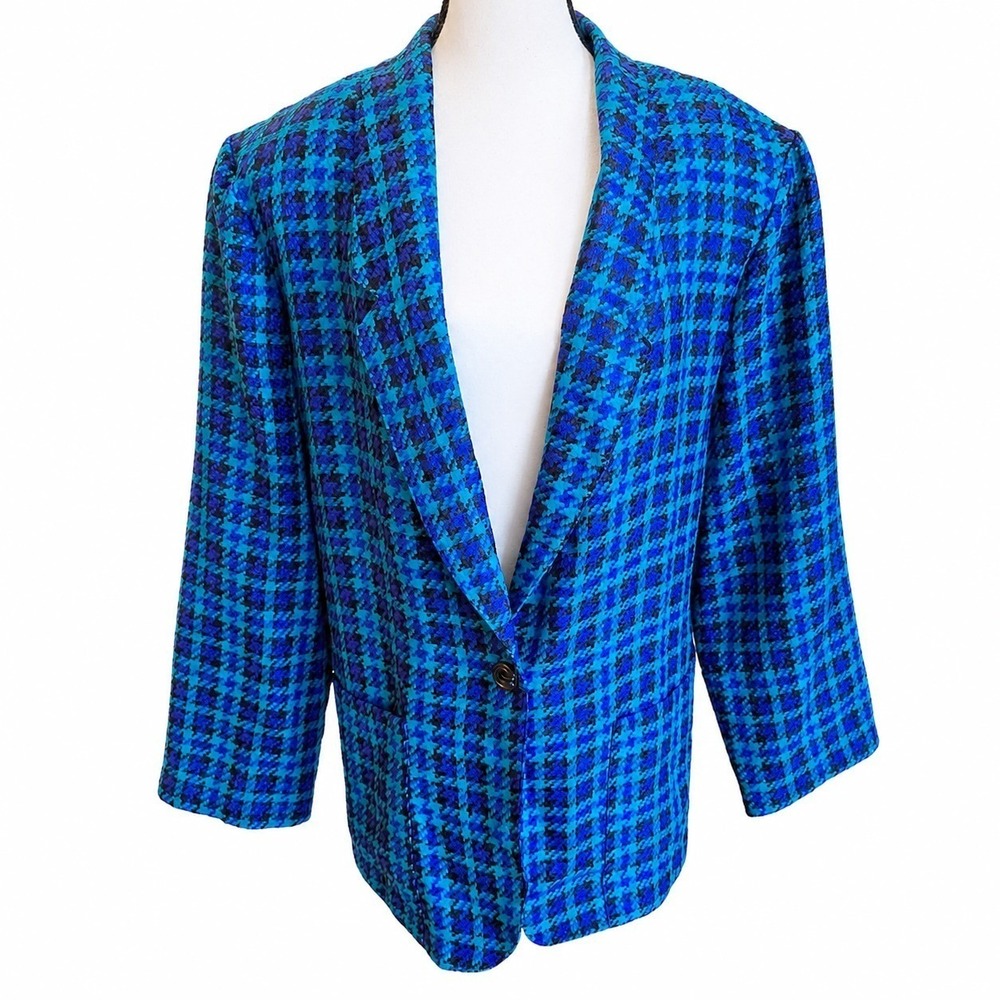 VTG 90s Item Eyes 18 Plus Size 2X Blue Teal Purple Houndstooth Blazer USA Made